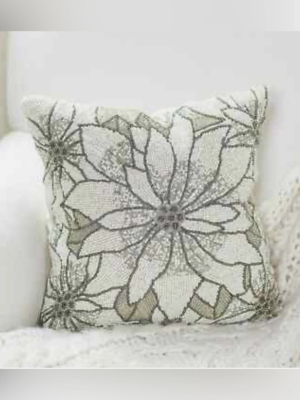 Kringle Express White Silver Beaded Poinsettia Christmas Throw Pillow 14x14